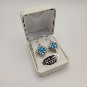 Blue Swarovski Crystal Square Drop Earrings – Silver Tone – New with Box